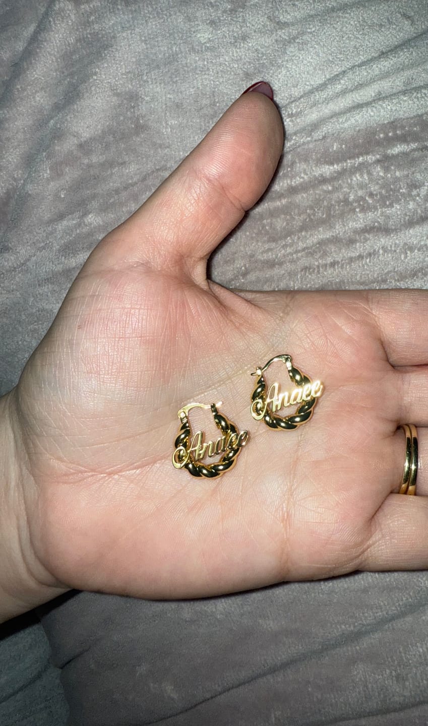 Customer photo review of Girl's Twisted Hoop Name Earrings