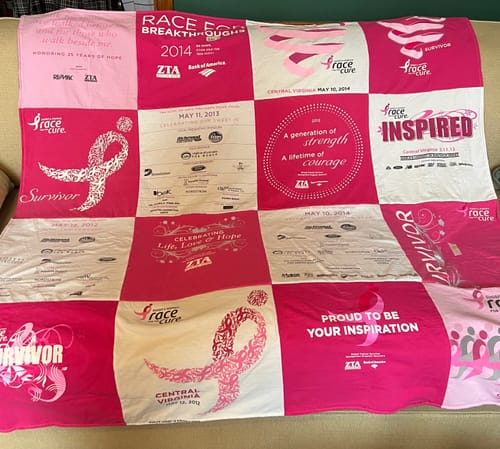 T-shirt quilt with breast cancer awareness, charity events themes by Joan from VA