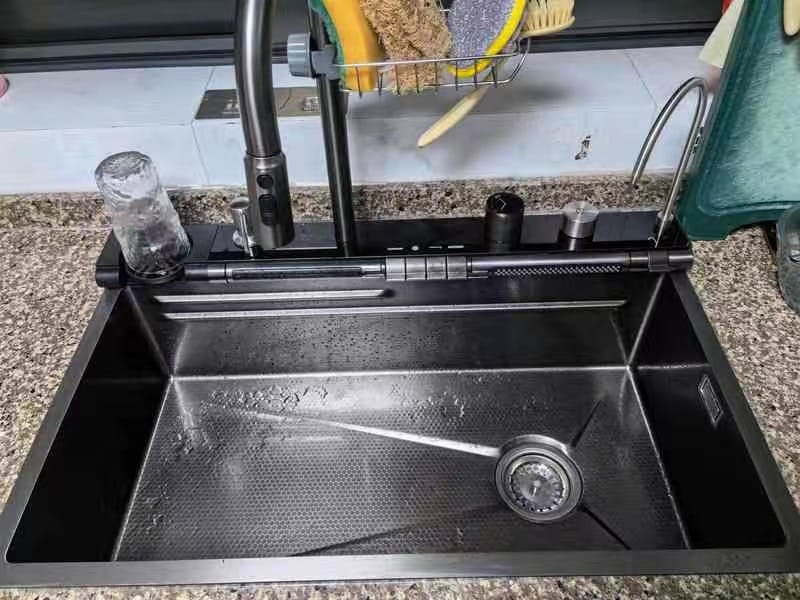 Customer photo review of Stainless steel waterfall kitchen sink, integrated faucet and multifunctional wash basin, factory high-end kitchen customization
