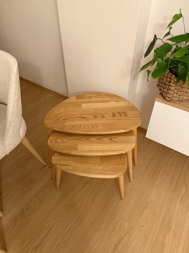 Customer photo review of Ahşap Zigon Sehpa 3'lü Set - Doğal Masif Kestane Ağacı (Ercol Stil)