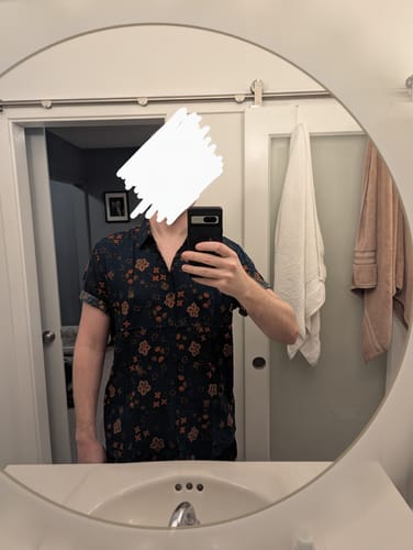 Customer photo review of Men's Summer Floral Navy Blue Button Up Short Sleeve Cotton Shirt