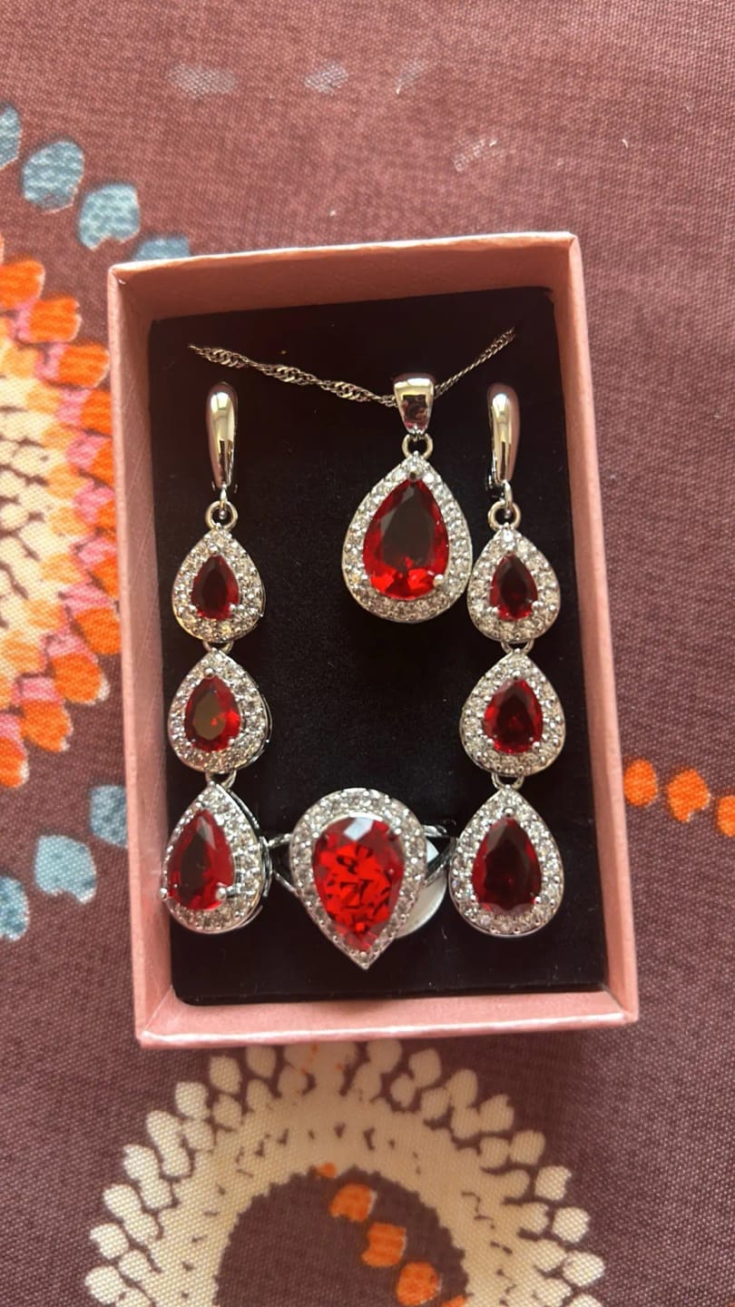 Customer photo review of Silver Water Drop Jewelry Set With Ruby And White Topaz — Red | KIMLUD