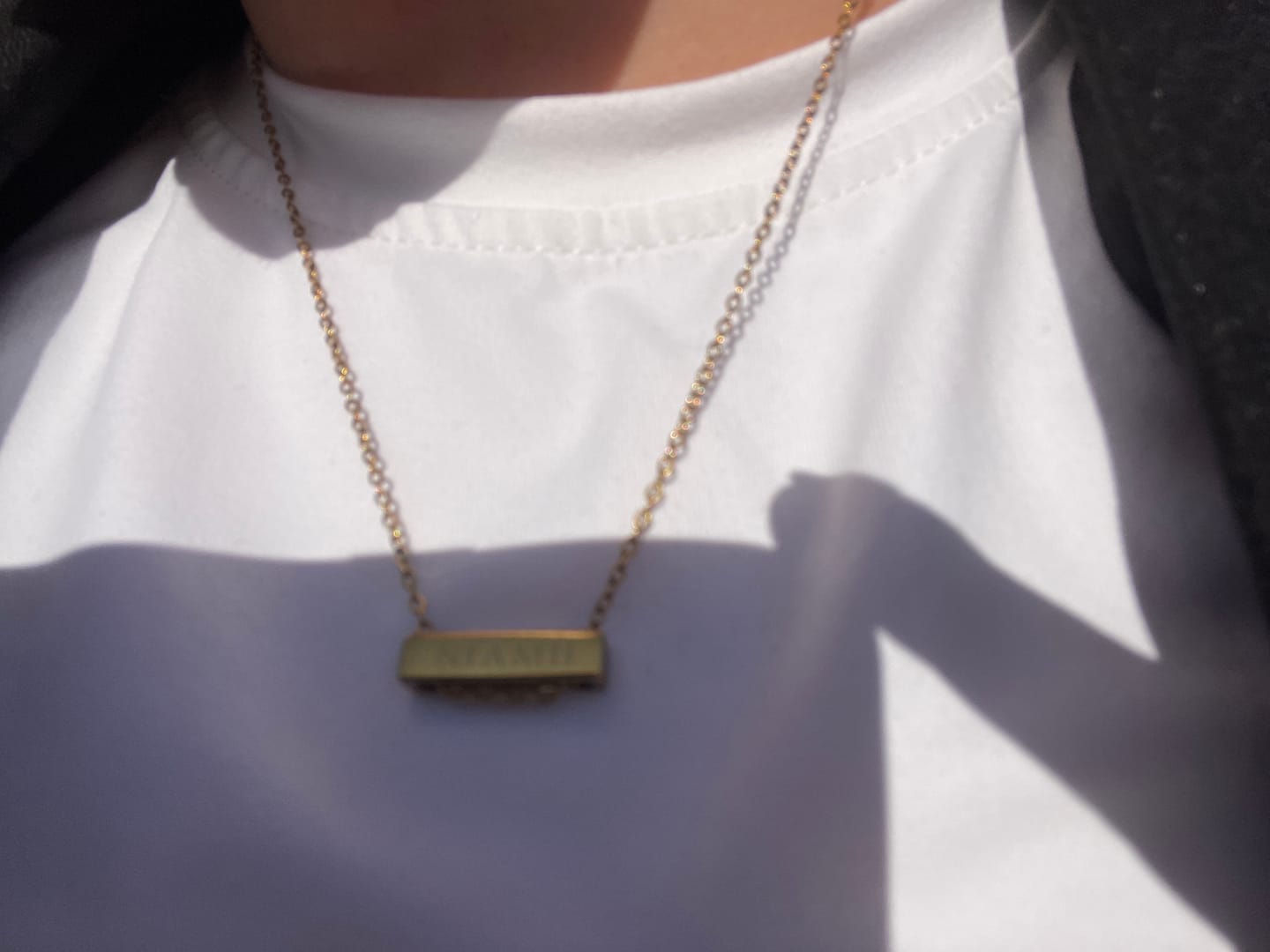 Customer photo review of 3cm Letter Bar Necklace in Rose Gold horizontal
