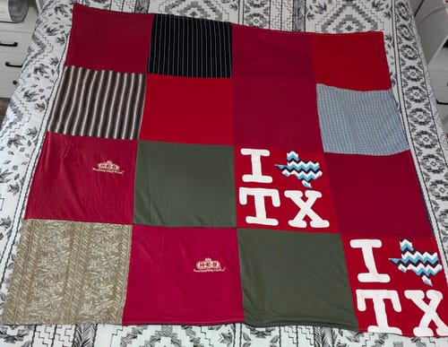 T-shirt quilt with texas, quilting themes by Kathy from LA