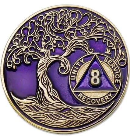 Customer photo review of 8 Year Sobriety Mint Twisted Tree of Life Gold Plated AA Recovery Medallion - Eight Year Chip/Coin - Purple