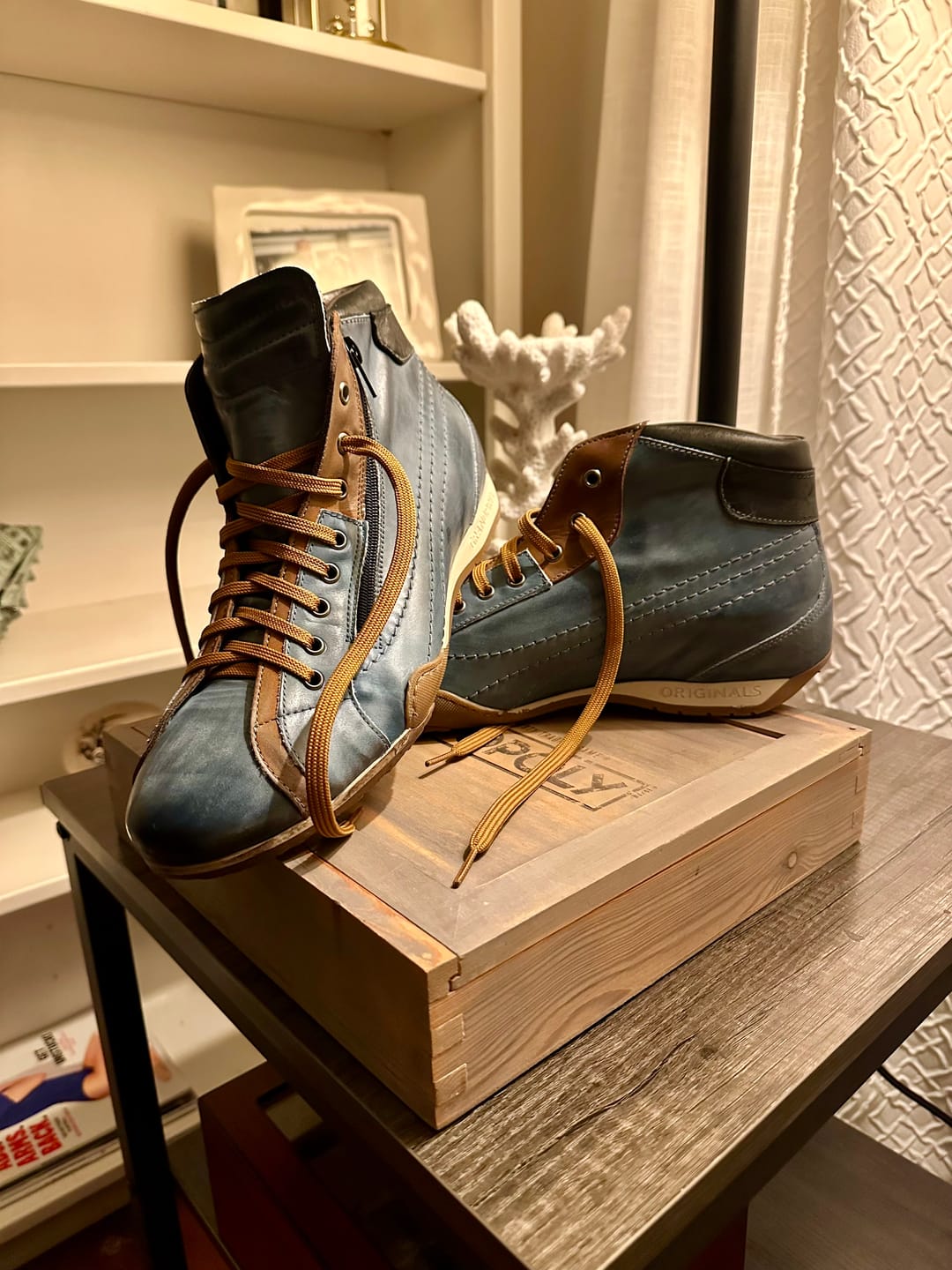 Customer photo review of Men's GrandPrix High-Top Sneaker in Monza Indigo (Navy and Brown)