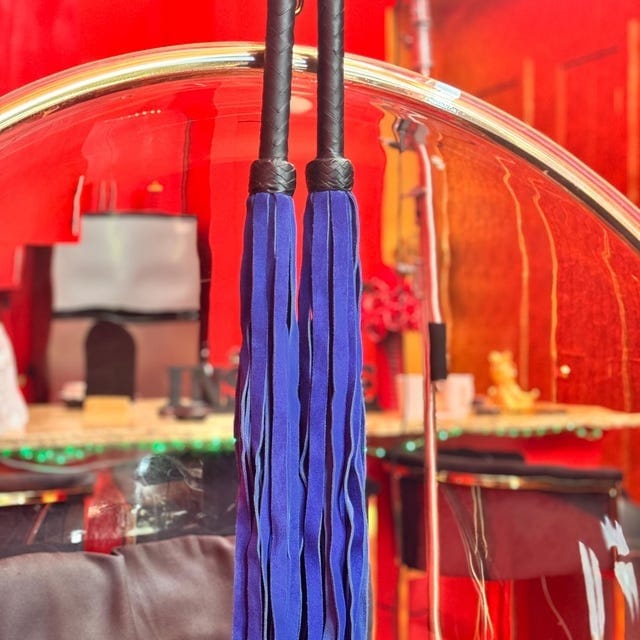 Customer photo review of Real Genuine Cowhide Suede Leather Flogger 25 Falls Blue & Black Heavy Duty Thuddy whip