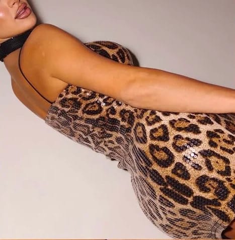 Customer photo review of CHEETAH SPARKLE SEQUIN MINI DRESS LEOPARD