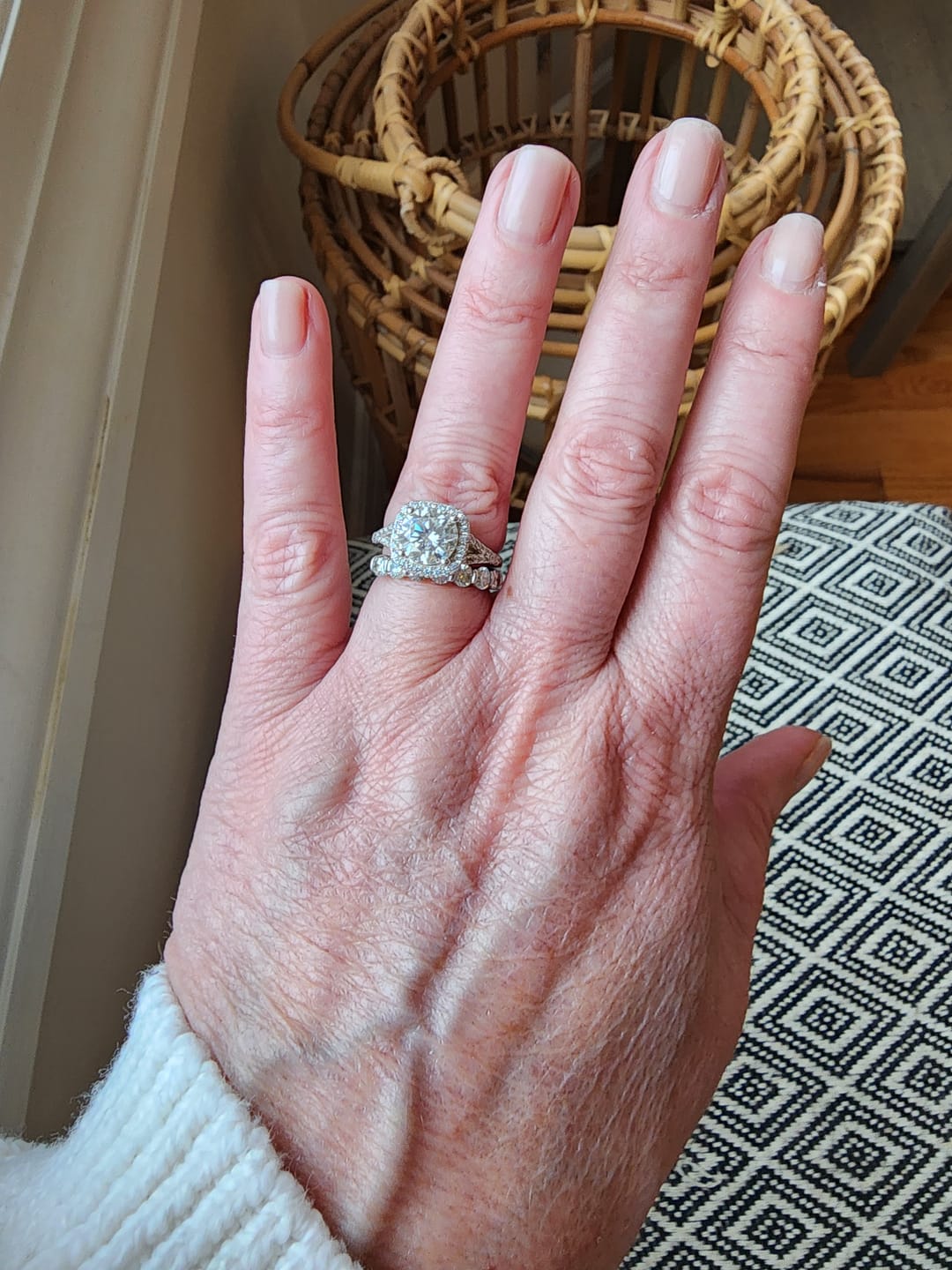 Customer photo review of Moissanite Split Shank Square Halo Pave Engagement Ring