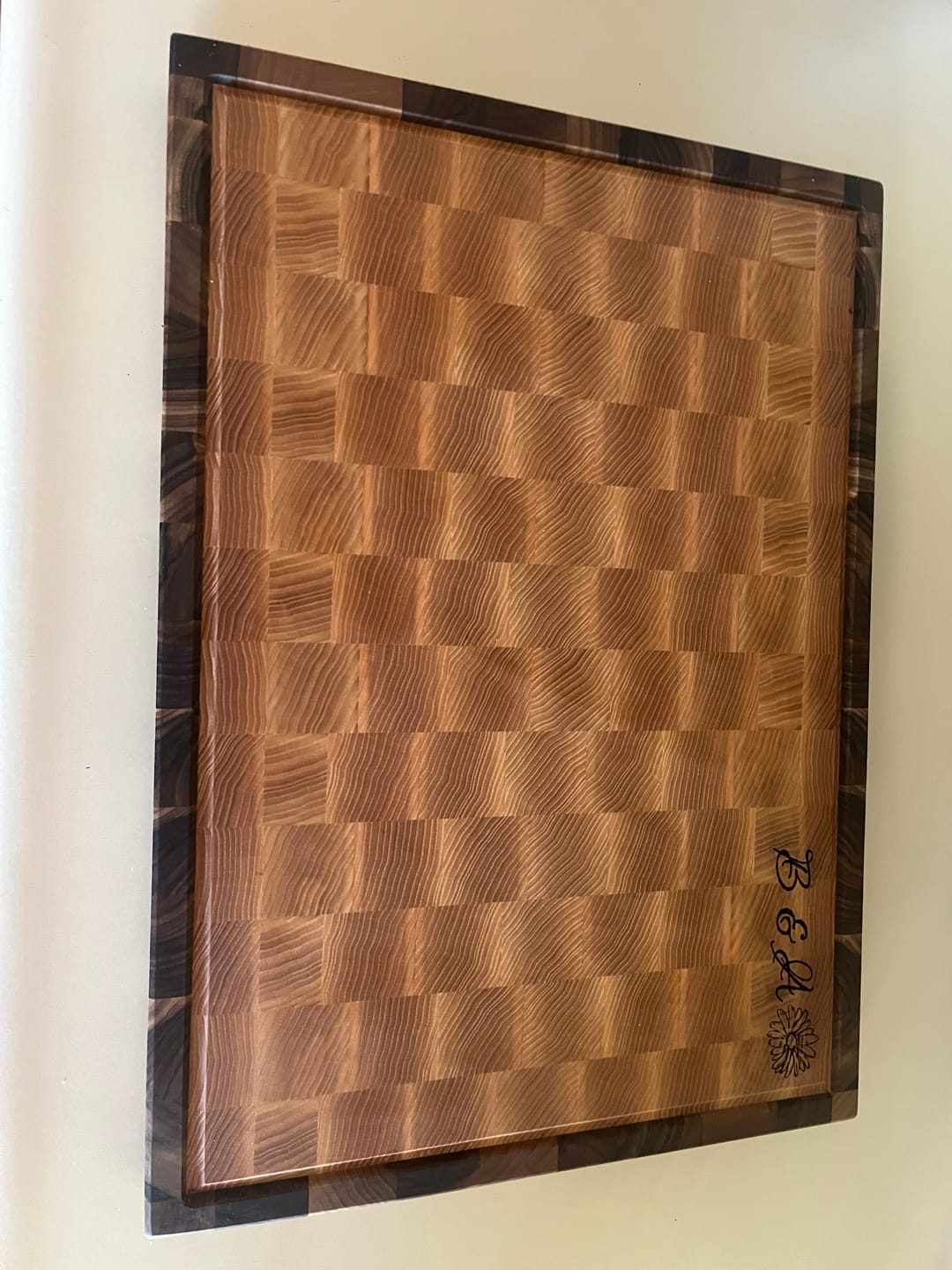 Customer photo review of Personalized Walnut and Cherry End Grain Cutting Board