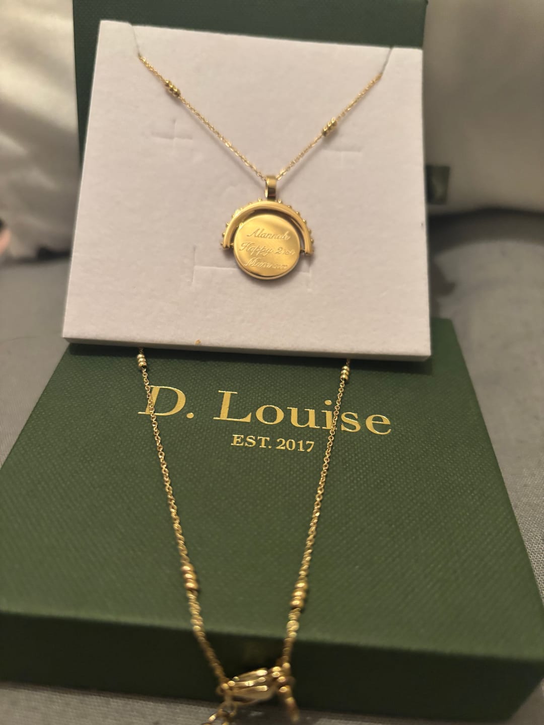 Customer photo review of Engravable Spinning Necklace