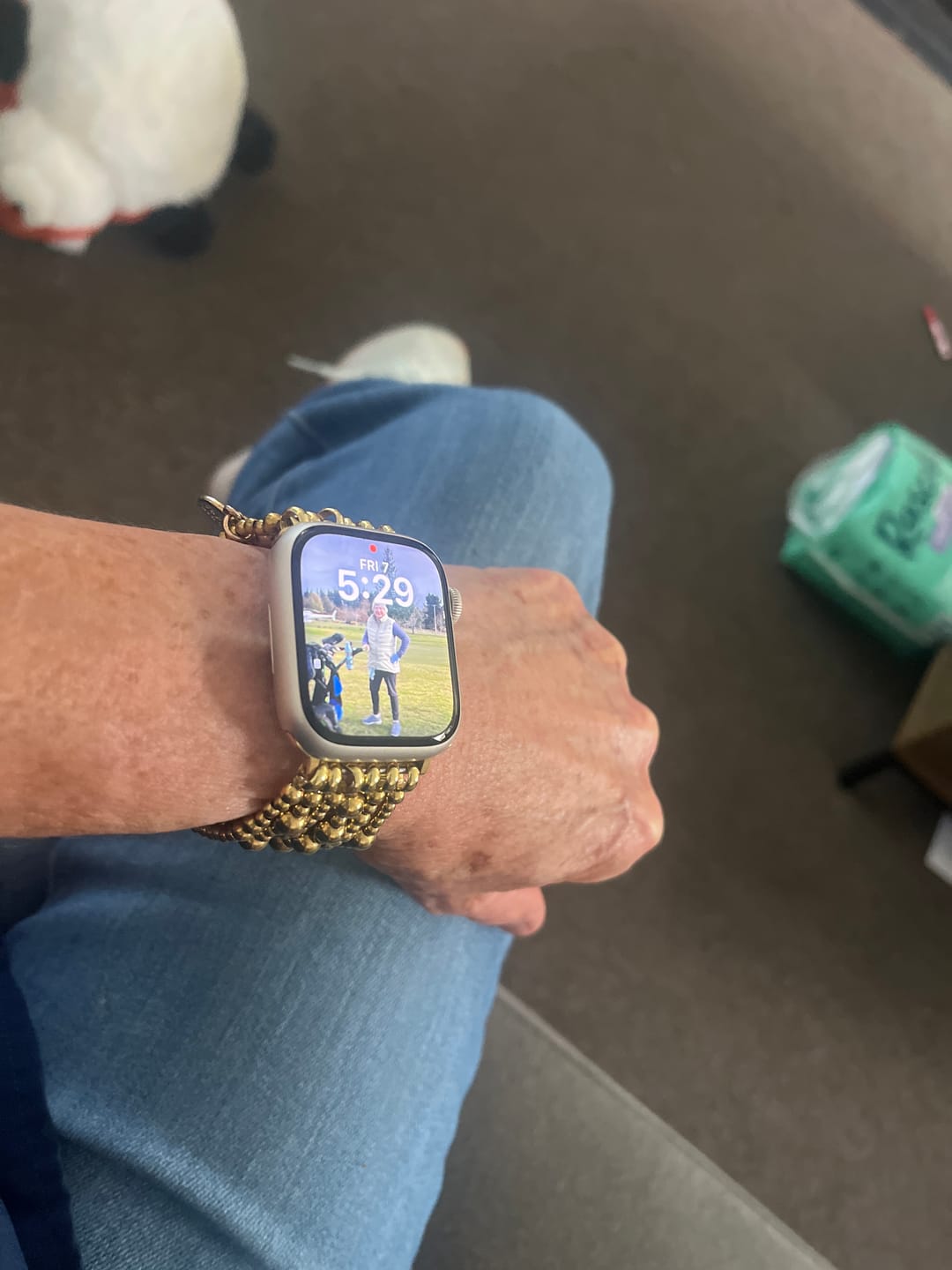 Customer photo review of Golden Demure Stretch Apple Watch Strap