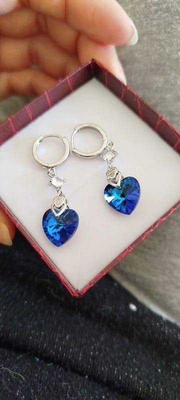 Customer photo review of Sterling Silver Earrings Heart-Shaped Zircon — Blue | KIMLUD