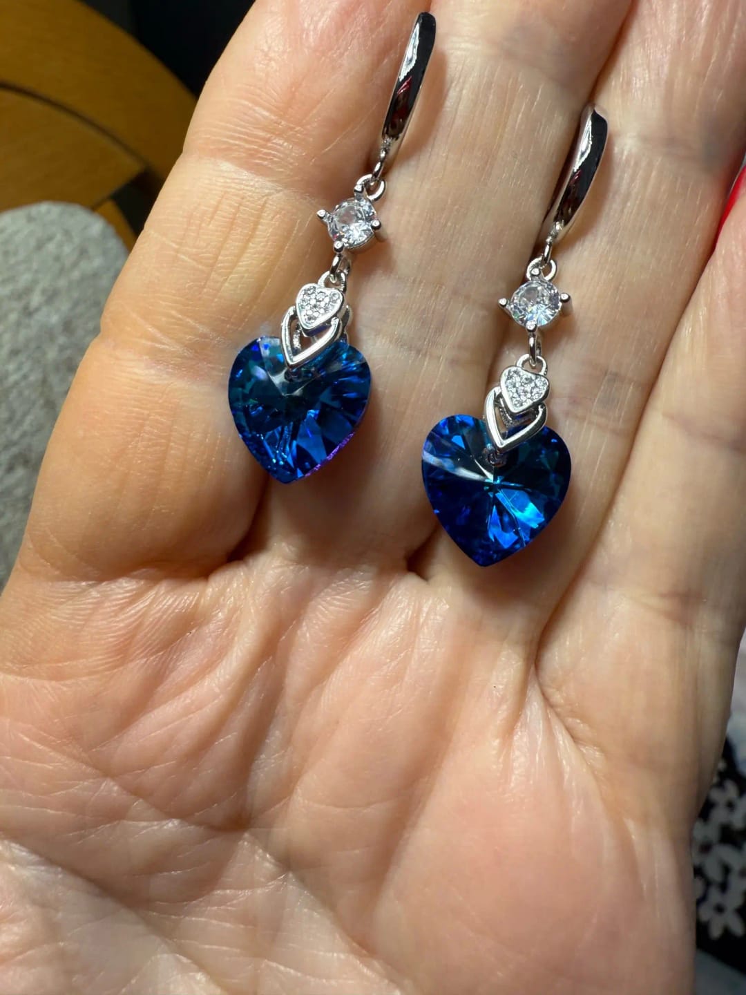Customer photo review of Sterling Silver Earrings Heart-Shaped Zircon — Blue | KIMLUD