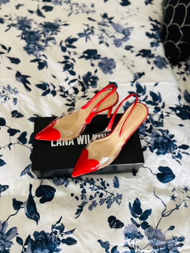 Customer photo review of Rhiannon Pump Vinylite & Red Patent Leather