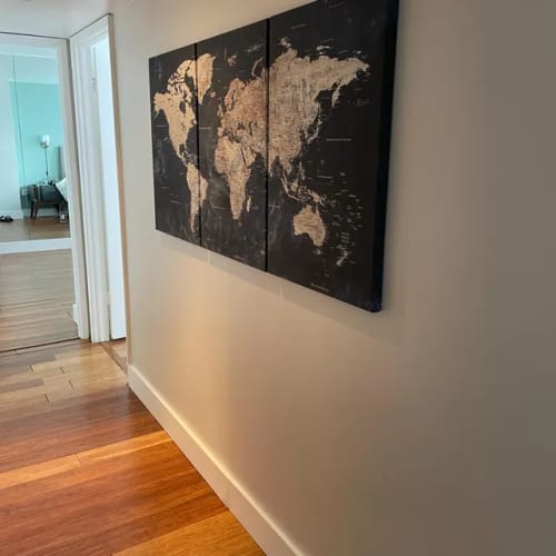 Customer photo review of Rustic World Map Wall Art Canvas Print | Large World Map on Wood Texture, Vintage Blue World Map Print