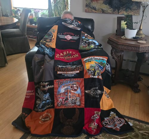 T-shirt quilt with motorcycles, biking themes by Sandra from MI