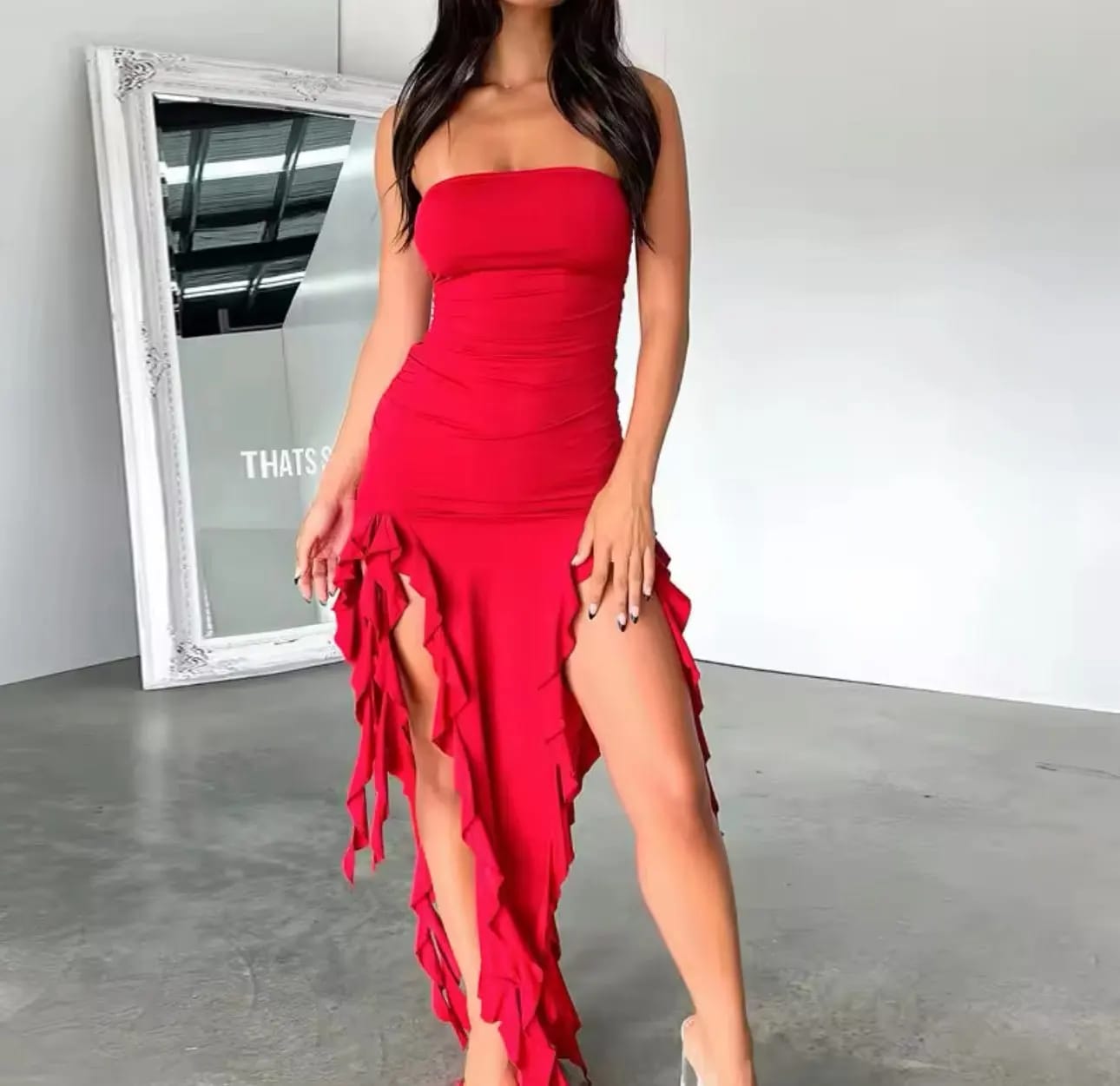 Customer photo review of Strapless Off-Shoulder Bodycon Midi Dress With Asymmetric Ruffles — Black | KIMLUD