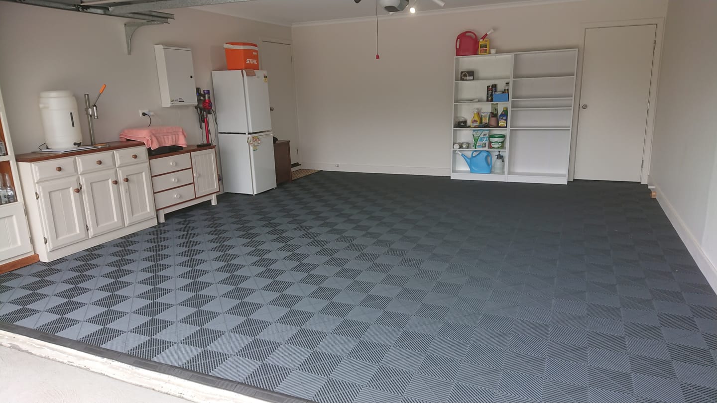 Customer photo review of Double Garage Modular Floor Tile Package Set SUITS 6M X 6M , choose your colours.