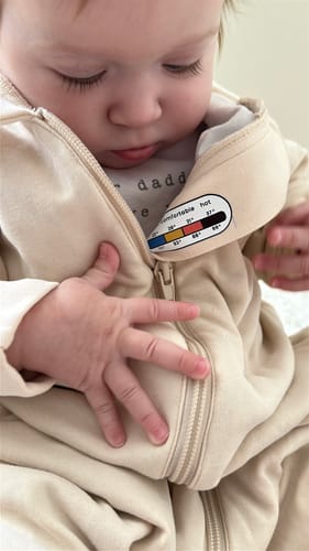 Customer photo review of Organic Cotton & Camel Wool Long Sleeve Sleep Sack With Legs 1.0 TOG - Cream