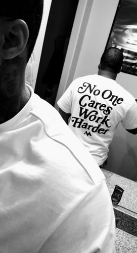 Customer photo review of 'WORK HARDER' TEE - BONE