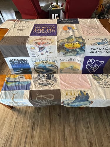 T-shirt quilt with boating, fishing themes by Janice from SC