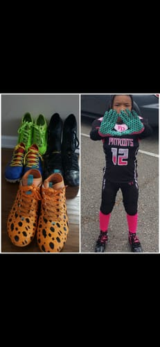 Customer photo review of The Flintstones "Bedrock Blitz" Football Cleats - Quantum Speed by Phenom Elite