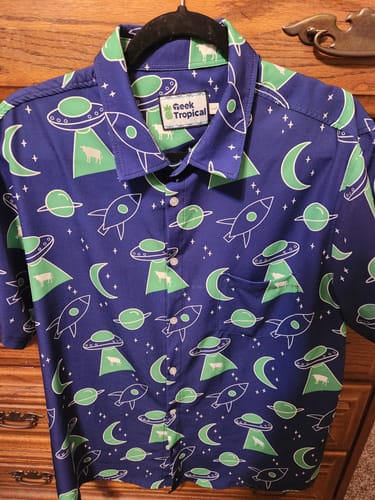 Customer photo review of UFO Cow Abduction Button Up Shirt