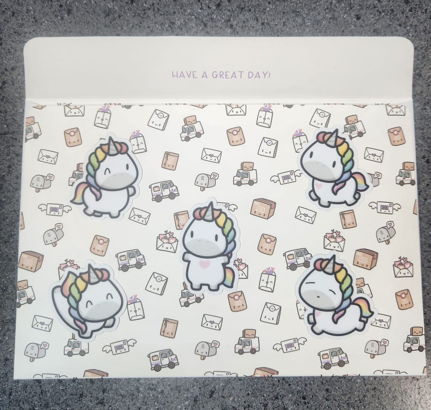 Customer photo review of Rainbow Unicorns Die Cut Stickers (Set of 5)