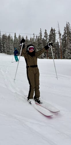 Customer photo review of Women's Slim-Fit Stretch Faux Fur Tan Houndstooth One-Piece Ski Suit