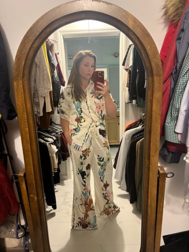 Customer photo review of Modern Sophisticated Feel Satin Unique Print Button Down Oversized Blouse