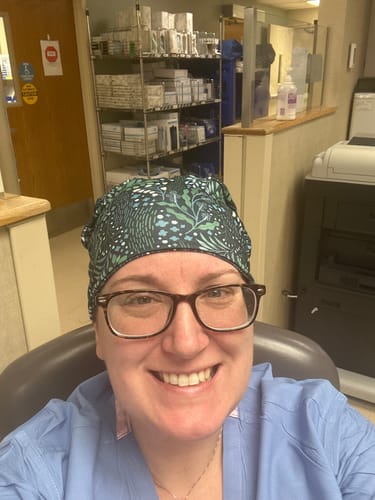 Customer photo review of DuoStyle Scrub Hat - Green & Blue Winter