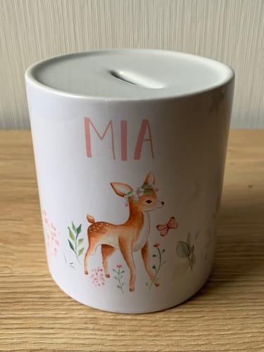Kundenbewertung mit Foto zu Bedruckte Spardose für Kinder - im Reh Design - Personalisiert mit Namen