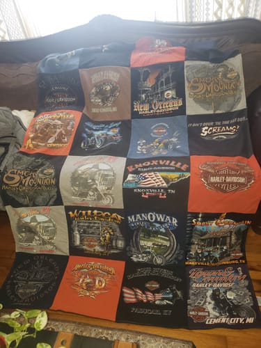 T-shirt quilt with motorcycling, travel themes by Lisa from KY