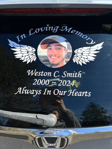 Customer photo review of Custom In Loving Memory Decal with a Photo Inlay and Wings