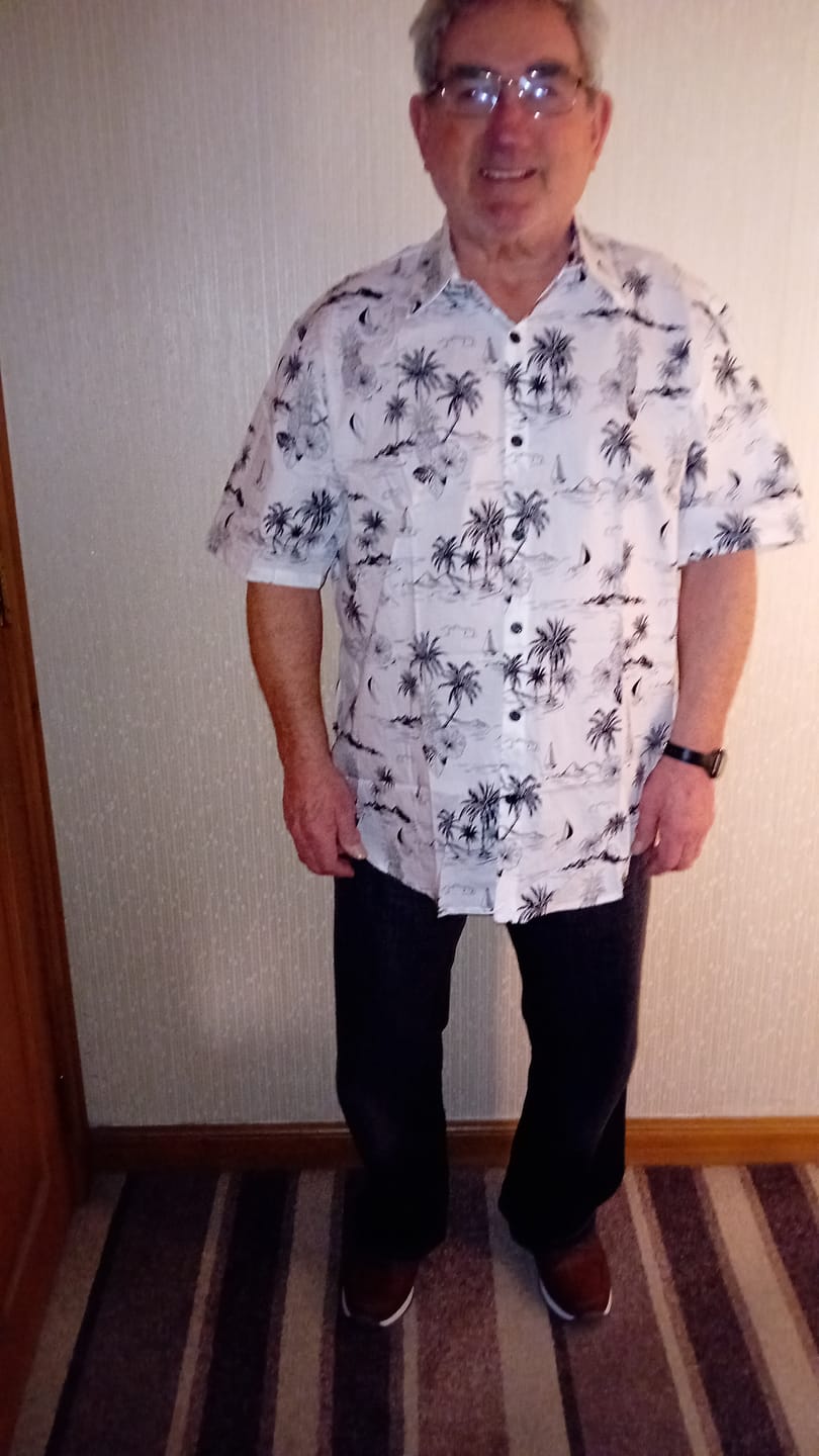 Customer photo review of Men's Tropical Pineapple Palm Tree Print Aloha Short Sleeve White Hawaiian Shirt