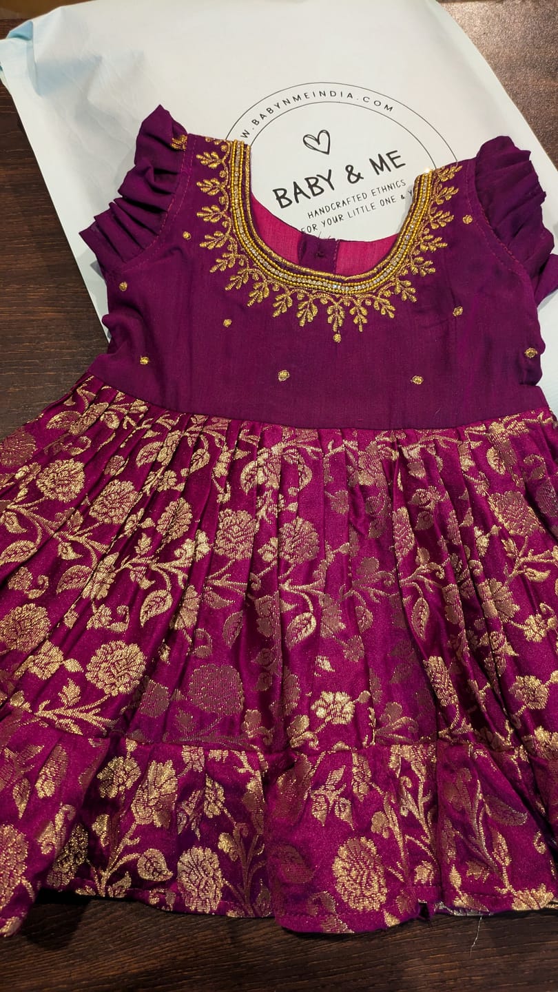 Customer photo review of Wine color embroidery banarasi silk ethnic dress for baby girl