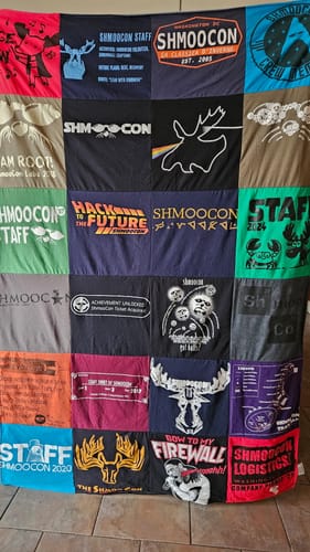 T-shirt quilt with technology, hacking themes by Anne-Marie from MD