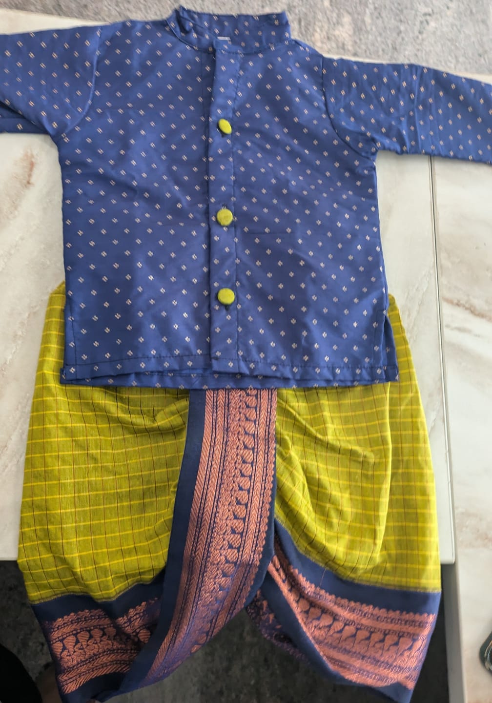 Customer photo review of Green and navy blue embroidered kurta dhoti ethnic dress for baby boy