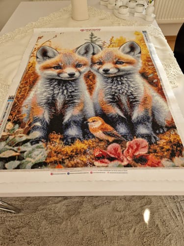 Customer photo review of 5D Diamond Painting mit AB Effekt – Zwillingsfüchse und Singvogel