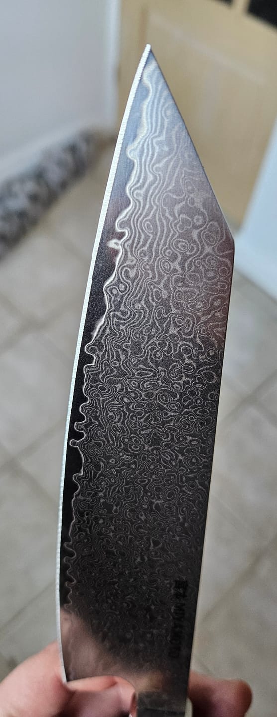 Customer photo review of Miyamoto Damascus Kiritsuke Chef Knife (Blue)