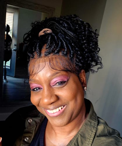 Customer photo review of Glueless 16"-24" Pre Cut HD Full Elastic Lace Lightweight Ready-To-Go Boho Box Braided Wig with Human Hair Boho Curls