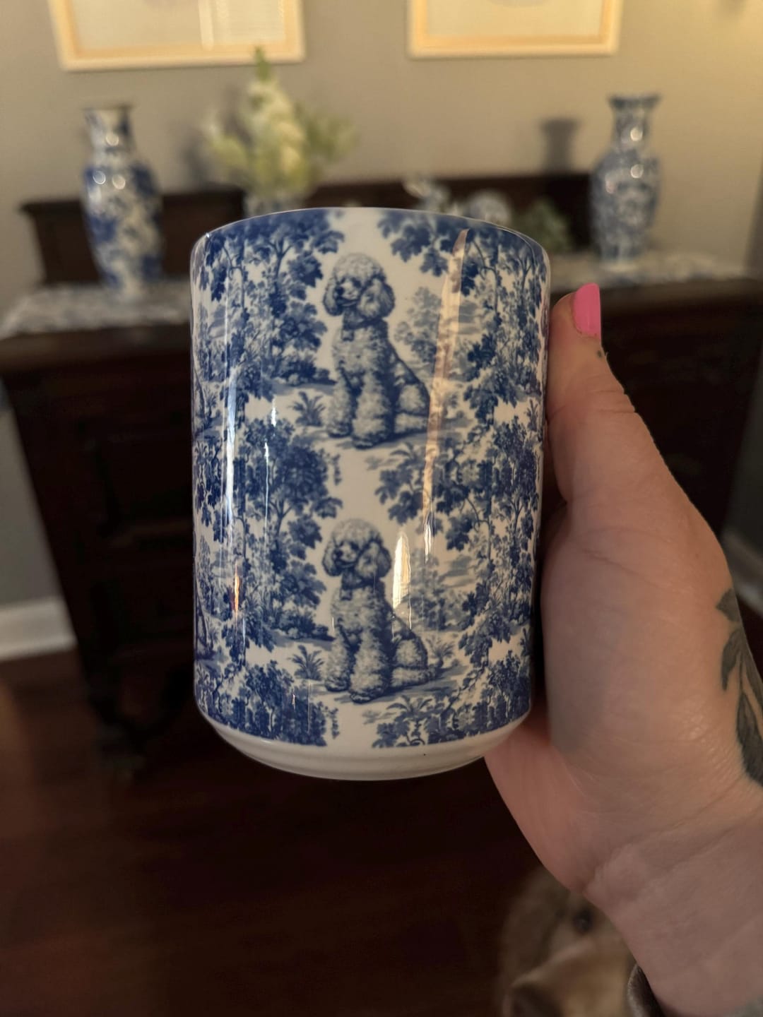 Customer photo review of Poodle French Blue Toile de Jouy Mug