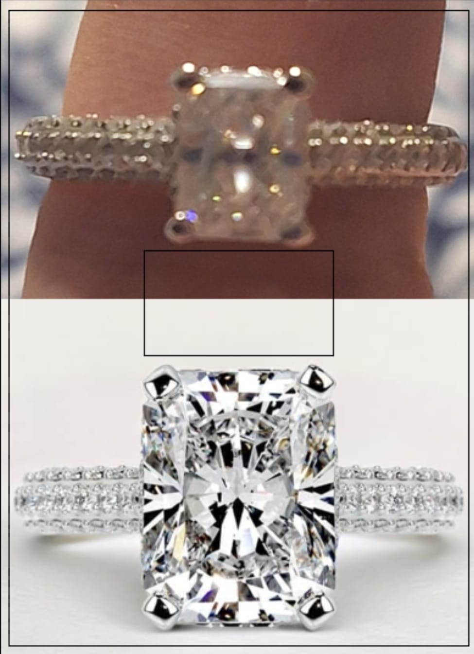 Customer photo review of Hidden Halo Radiant Moissanite Triple Row Pave Engagement Ring