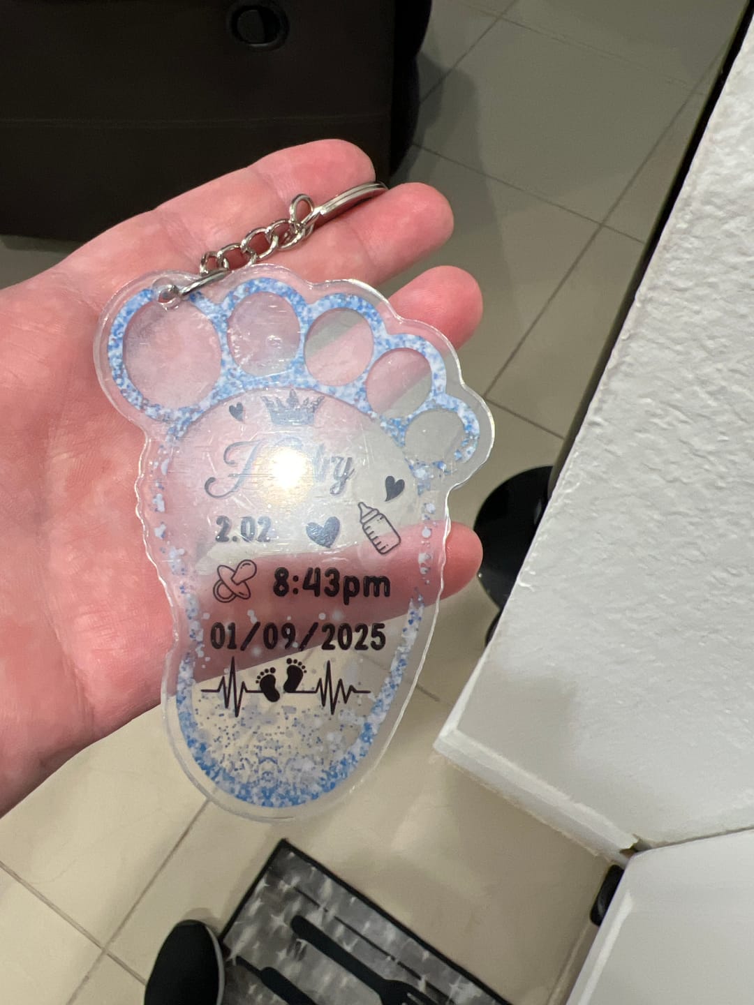 Customer photo review of Personalized New Baby Foot Acrylic Keychain