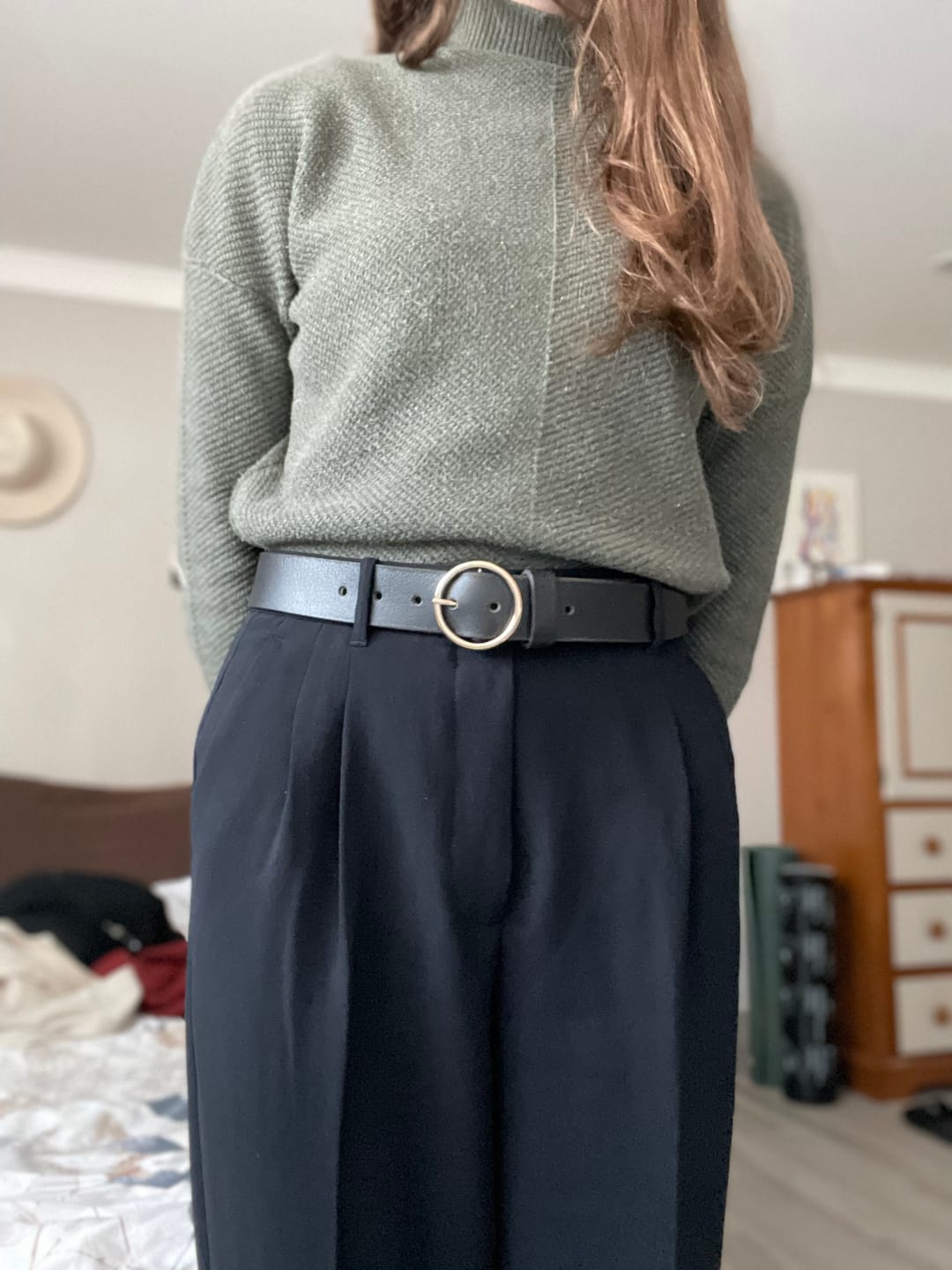 Customer photo review of Orla - Black Leather Dress Belt with Large Gold Circle Buckle - Made in Canada