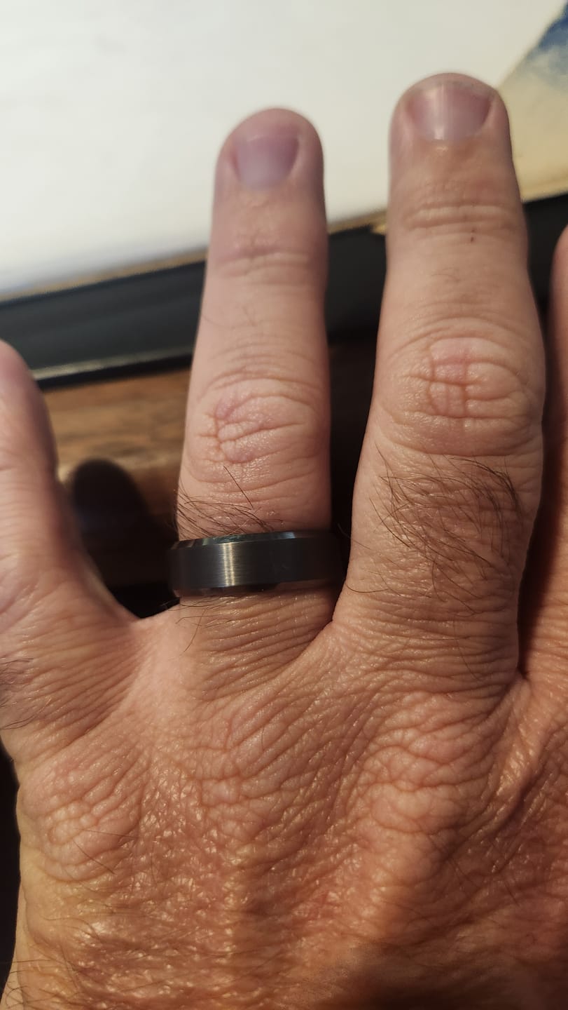 Customer photo review of 8mm GunMetal Tungsten Carbide Wedding Band with Beveled Edges