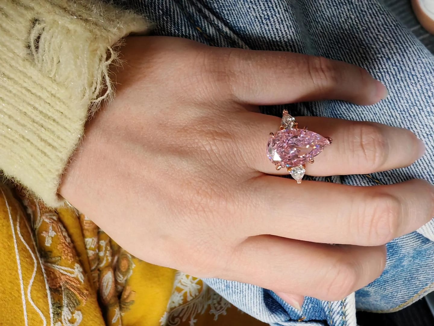 Customer photo review of Majestic Pear Cut 4.0ct Pink Stone Three Stone Engagement Ring In Sterling Silver