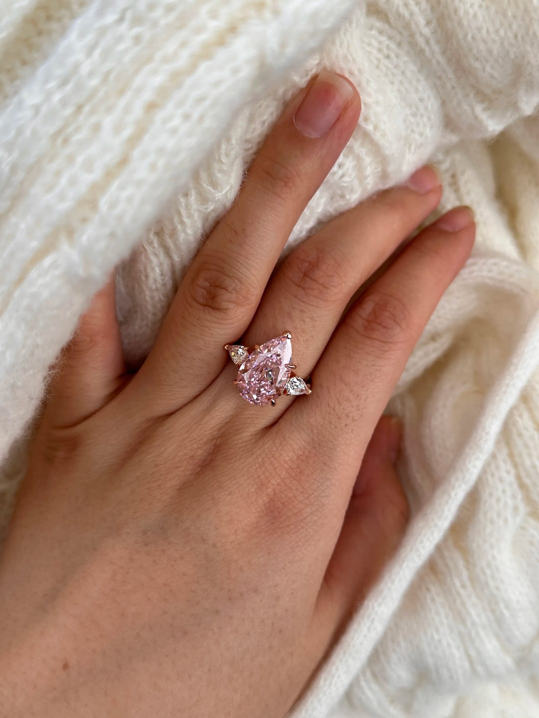 Customer photo review of Majestic Pear Cut 4.0ct Pink Stone Three Stone Engagement Ring In Sterling Silver