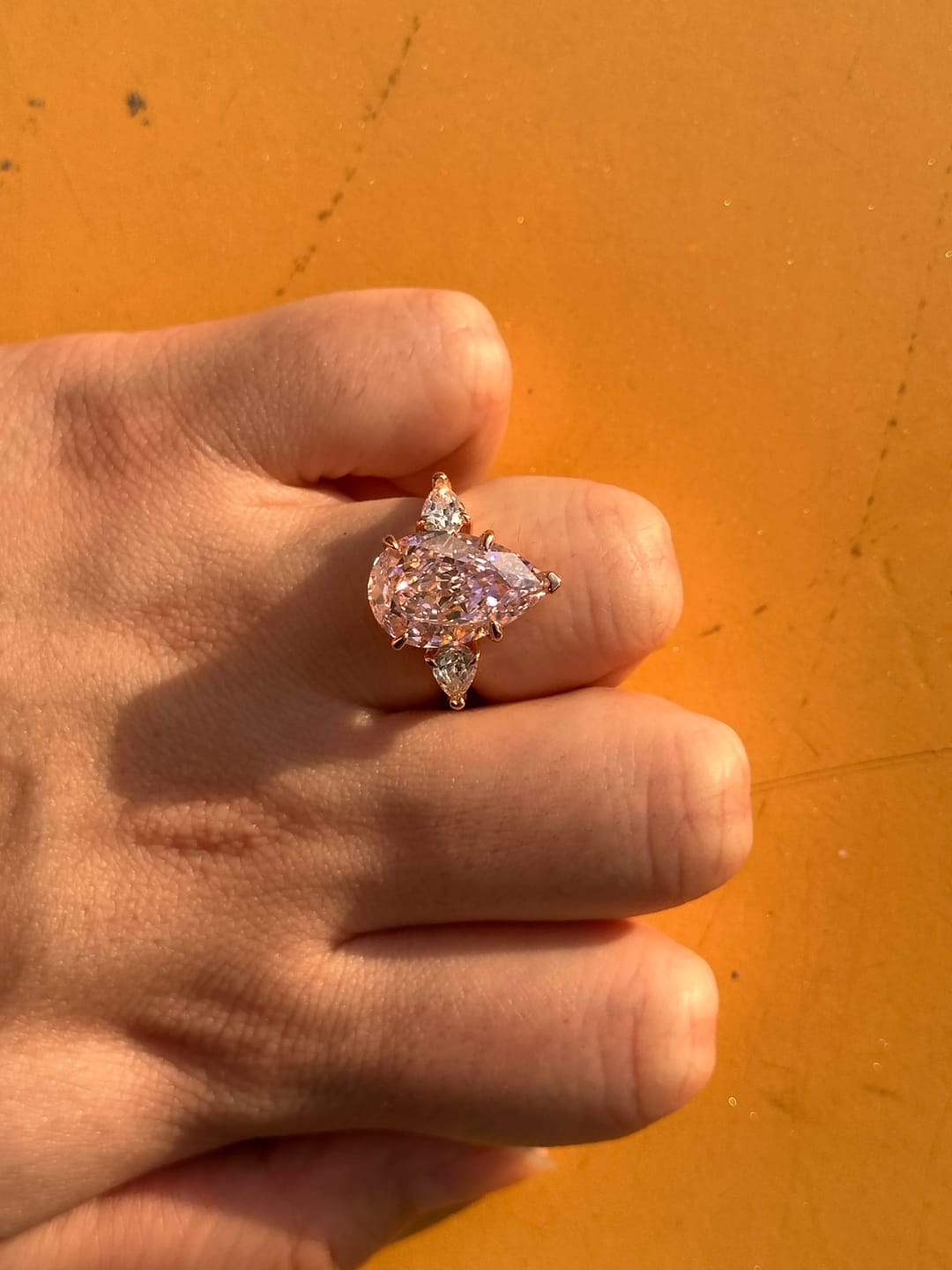Customer photo review of Majestic Pear Cut 4.0ct Pink Stone Three Stone Engagement Ring In Sterling Silver